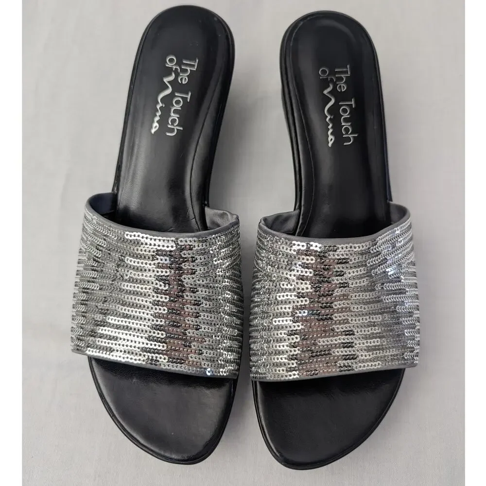 Nina Platform Sandals Size 8 Sequin Silver Metallic Y2K Chunky Sole Party Date